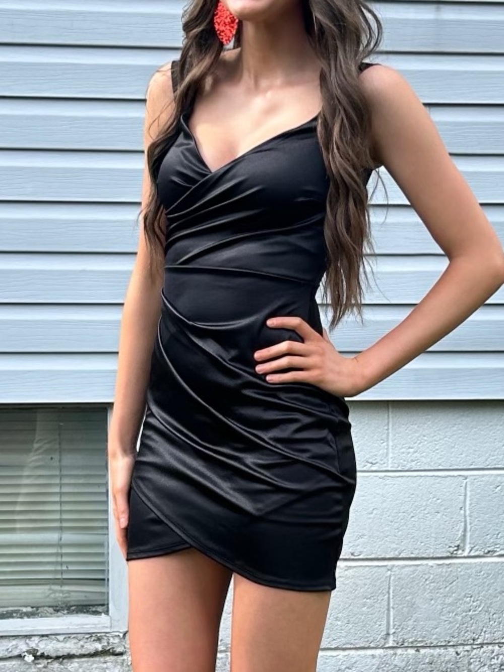 Lulu's Black Satin Ruched Mini Dress